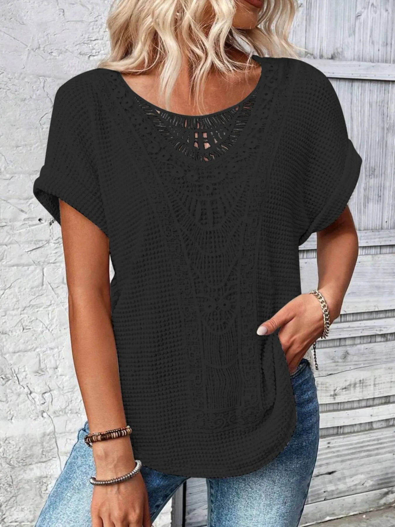 Crochet Lace Short Sleeve Casual T-Shirt - Tigbul's Variety Fashion Shop