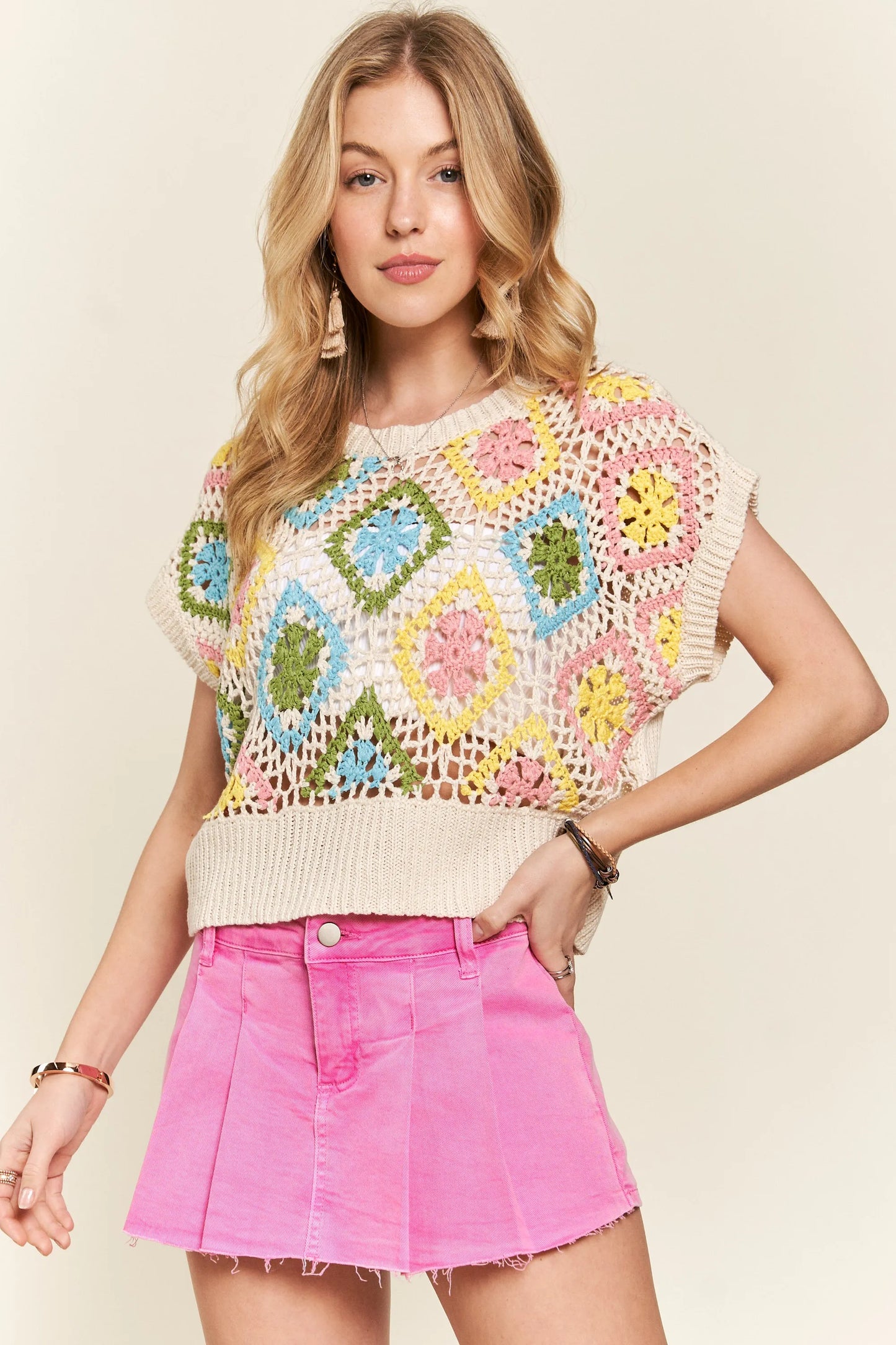 Tan Multicolor Crochet Top - Tigbul's Variety Fashion Shop