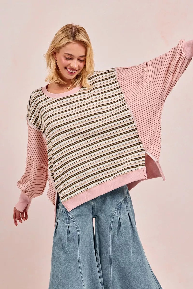 BiBi Stripe Mixed Top With Cut Edge And Reverse Outseam - Tigbul's Variety Fashion Shop
