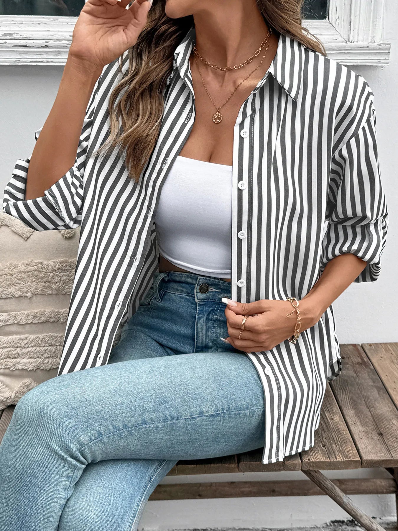 Striped Oversized Button-Up Shirt - Tigbul's Variety Fashion Shop