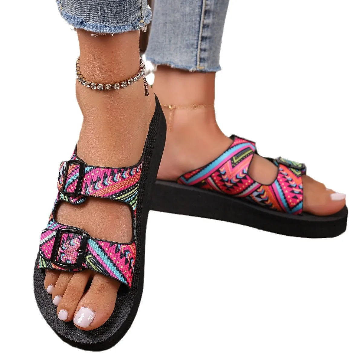 Ethnic Print Double Buckle Sandals - Tigbul's Variety Fashion Shop