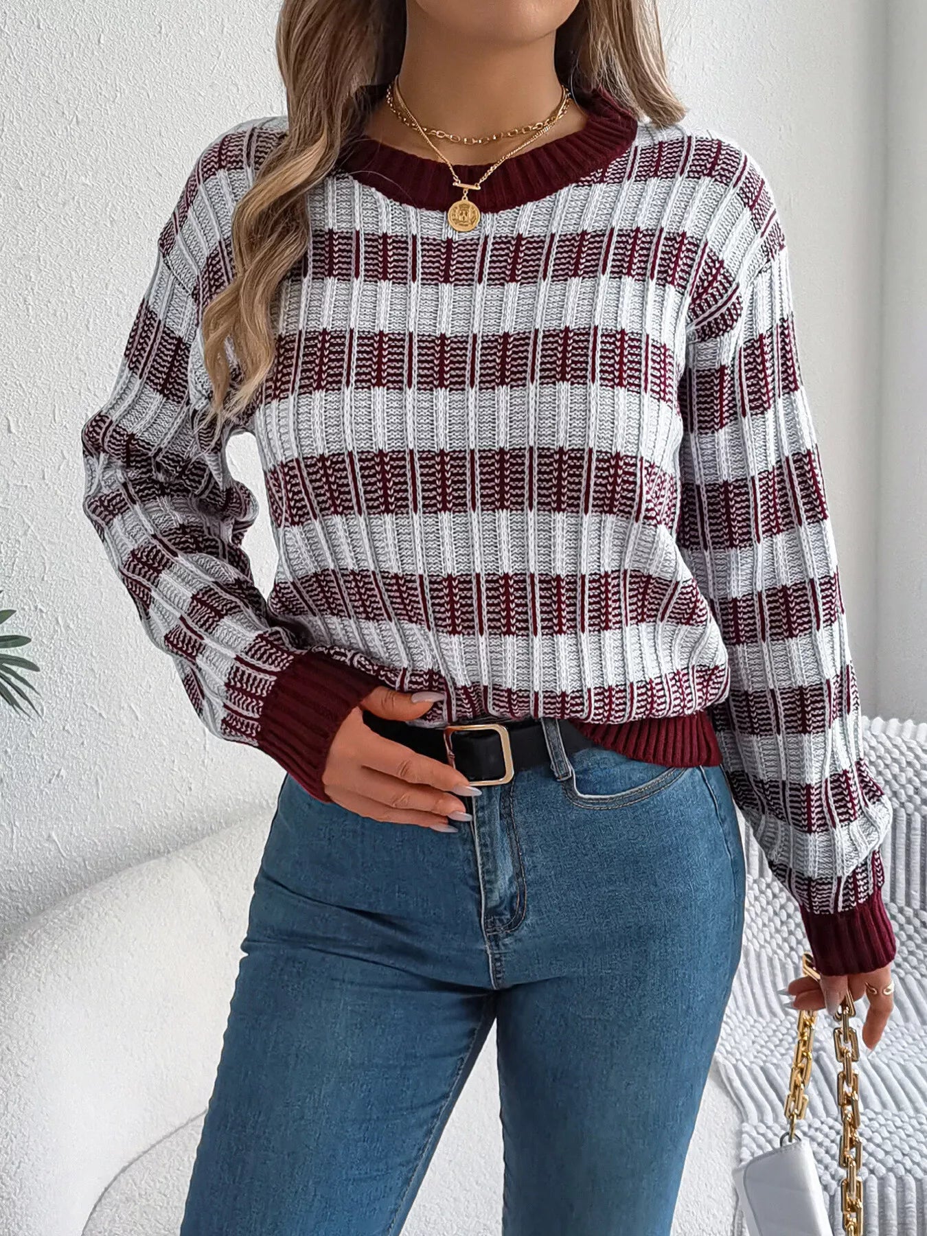 Striped Round Neck Long Sleeve Sweater - Tigbul's Variety Fashion Shop