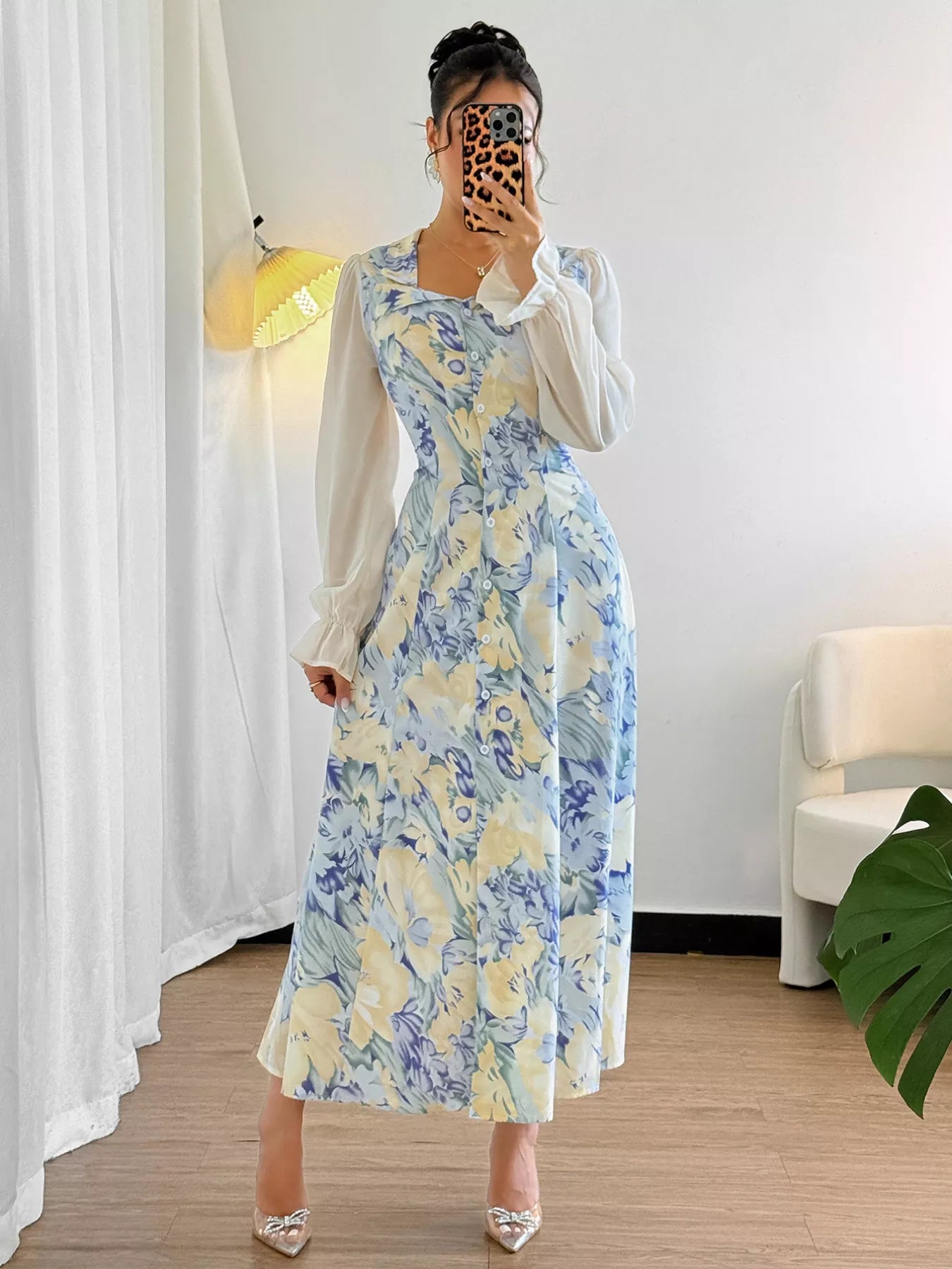 Floral Print Sheer Flounce Sleeves Dress - Tigbul's Variety Fashion Shop