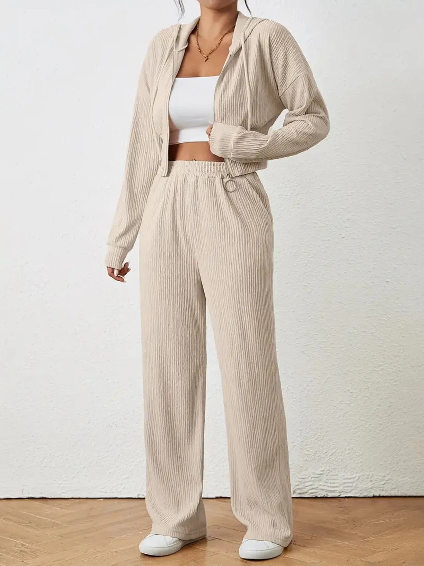 Drawstring Zip Up Hooded Top and Pants Set - Tigbul's Variety Fashion Shop