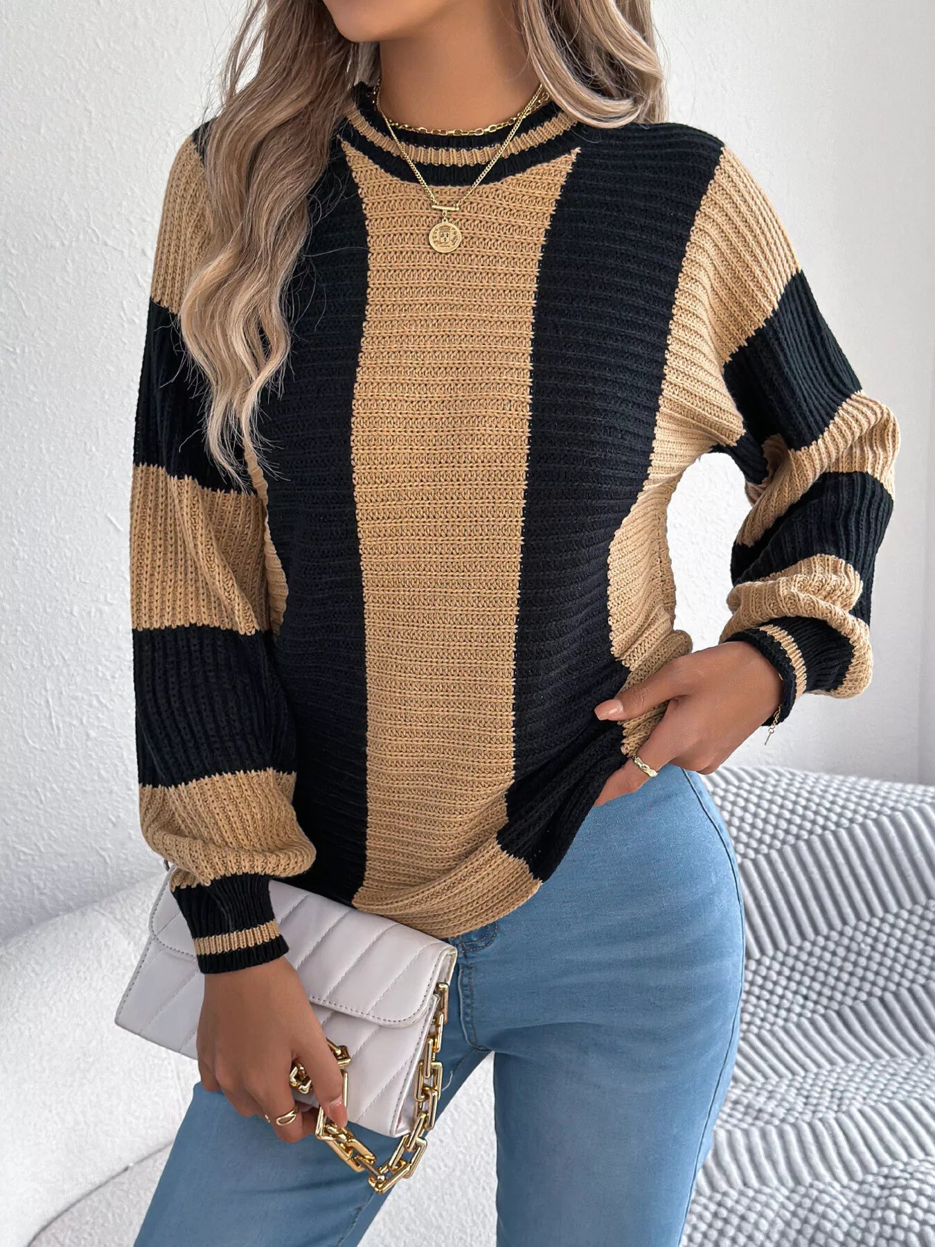 Color Block Round Neck Sweater - Tigbul's Variety Fashion Shop