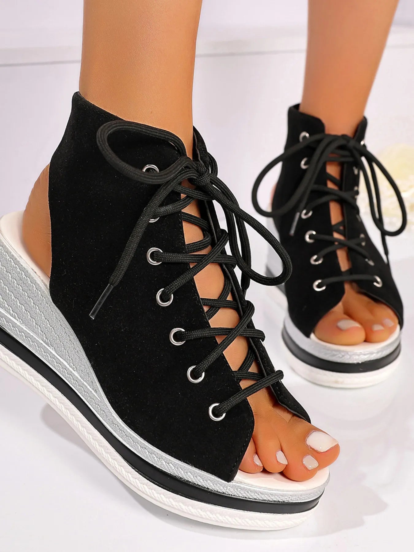 Lace Up Open Toe Wedge Sandals - Tigbul's Variety Fashion Shop