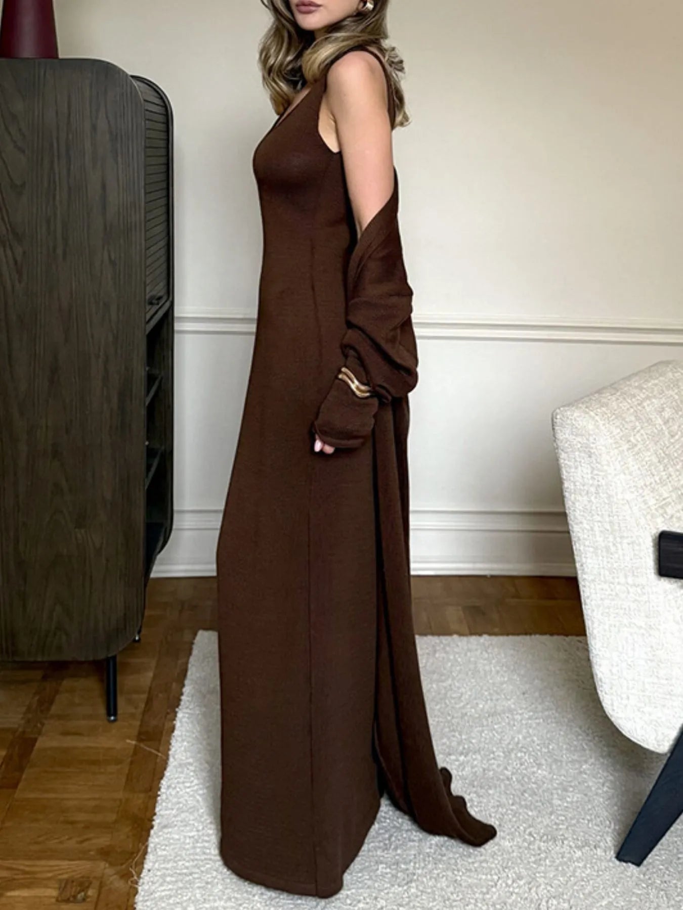 V-Neck Knit Dress and Cardigan Sweater Set - Tigbul's Variety Fashion Shop