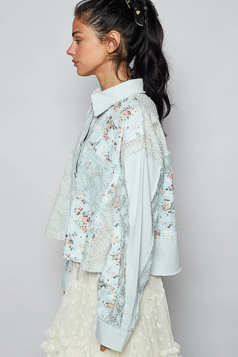 POL Blue Floral Long Sleeve Shirt with Lace Panel Details - Tigbul's Variety Fashion Shop