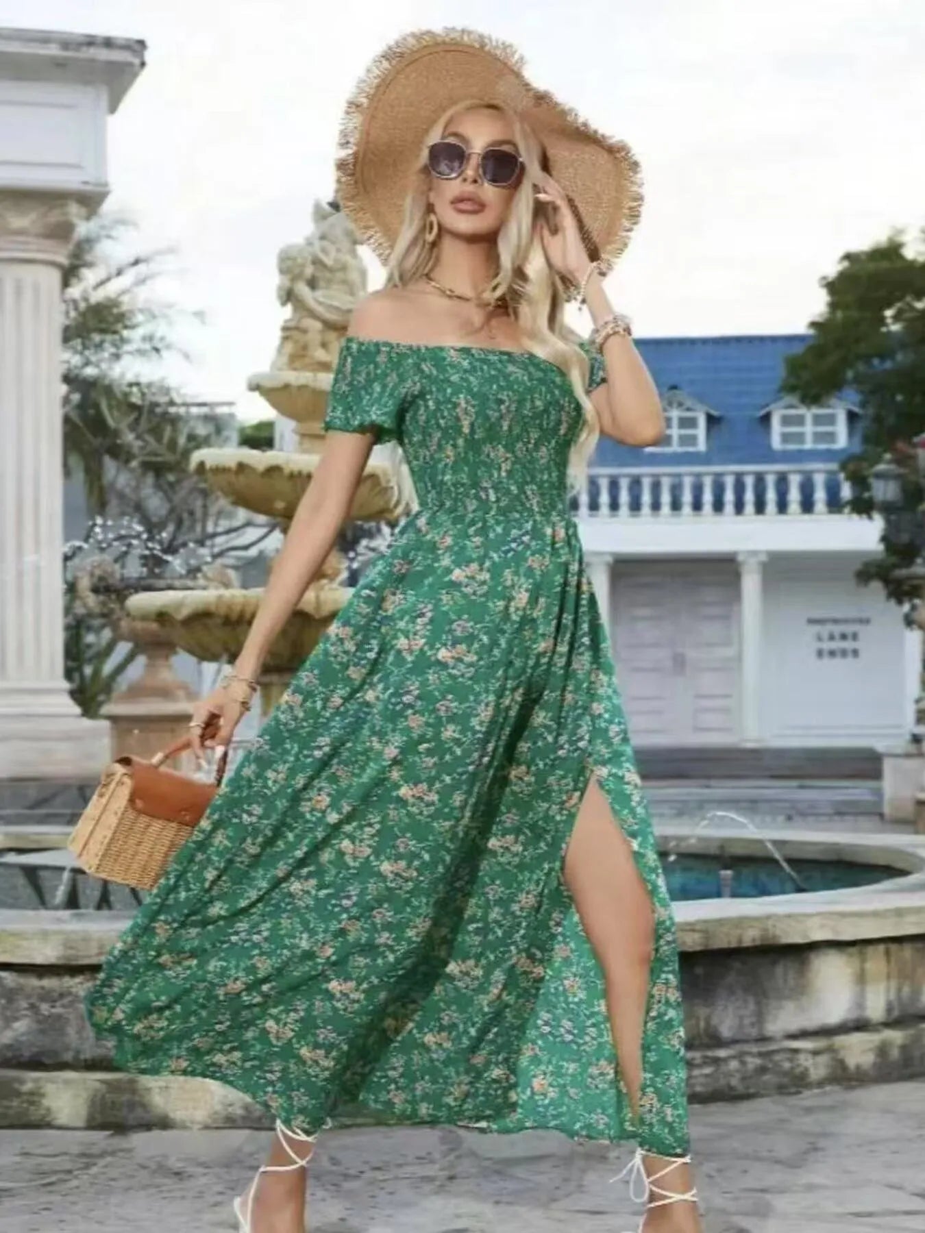 Full Size Slit Off-Shoulder Floral Midi Dress Plus Size - Tigbul's Variety Fashion Shop