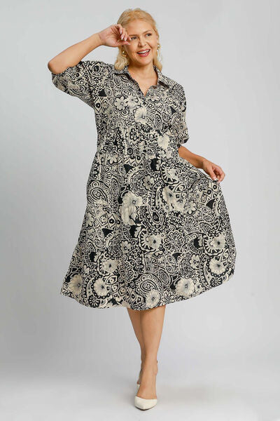 Black Printed Smocked Cuff Puff Sleeve Midi Dress - Tigbul's Variety Fashion Shop
