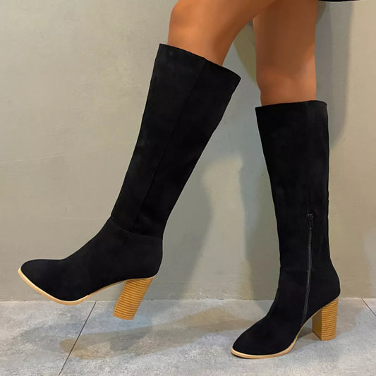 Point Toe Knee-High Suede Block Heel Boots - Tigbul's Variety Fashion Shop