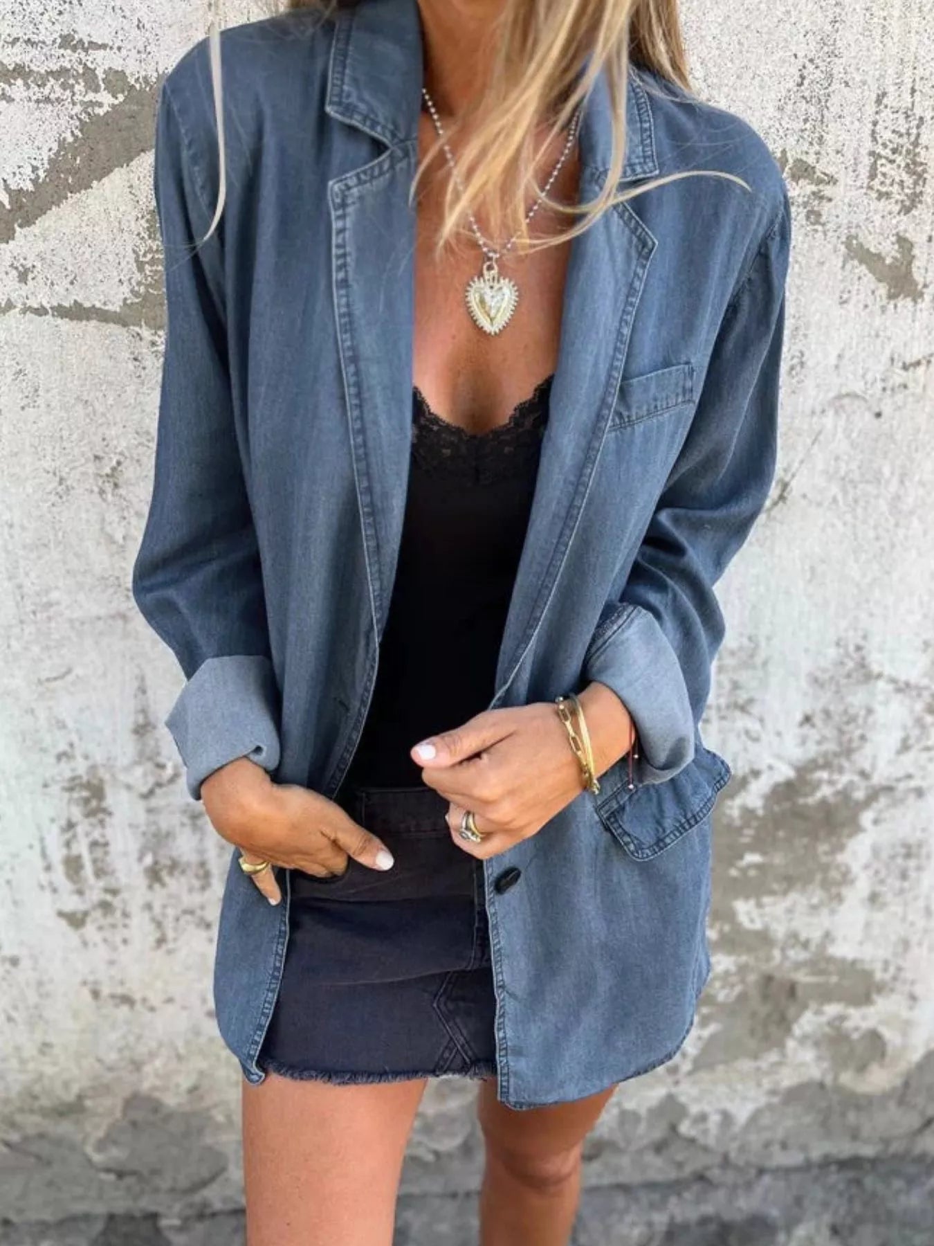 Full Size Button Down Denim Blazer Plus Size - Tigbul's Variety Fashion Shop