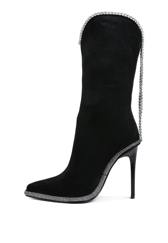 Ashipa Diamante Chain Detail Calf Boots 4 inch Heels - Tigbul's Variety Fashion Shop