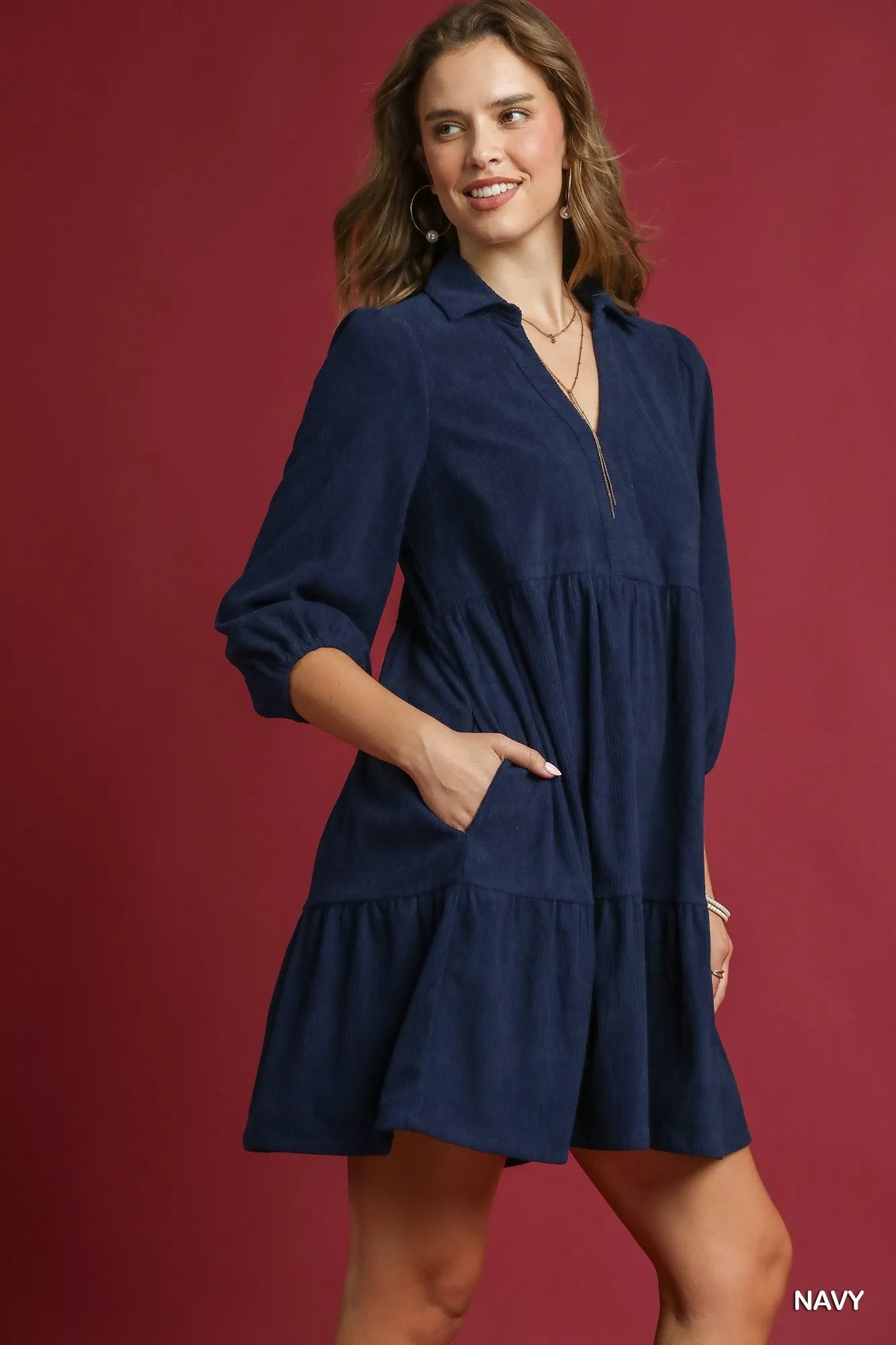 Umgee Tiered Corduroy Mini Dress with Balloon Sleeves - Tigbul's Variety Fashion Shop