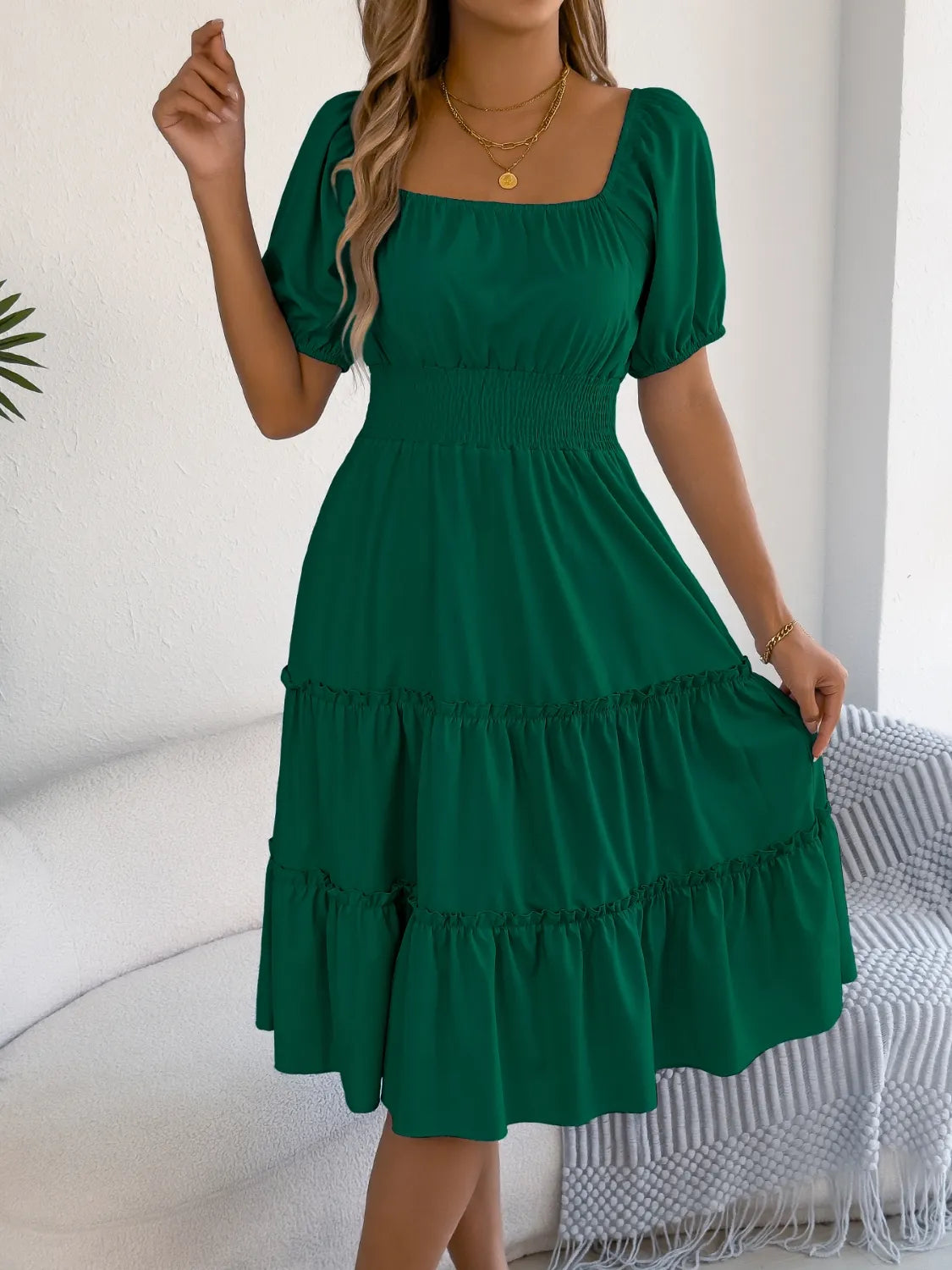 Square Neck Short Puff Sleeve Dress - Tigbul's Variety Fashion Shop