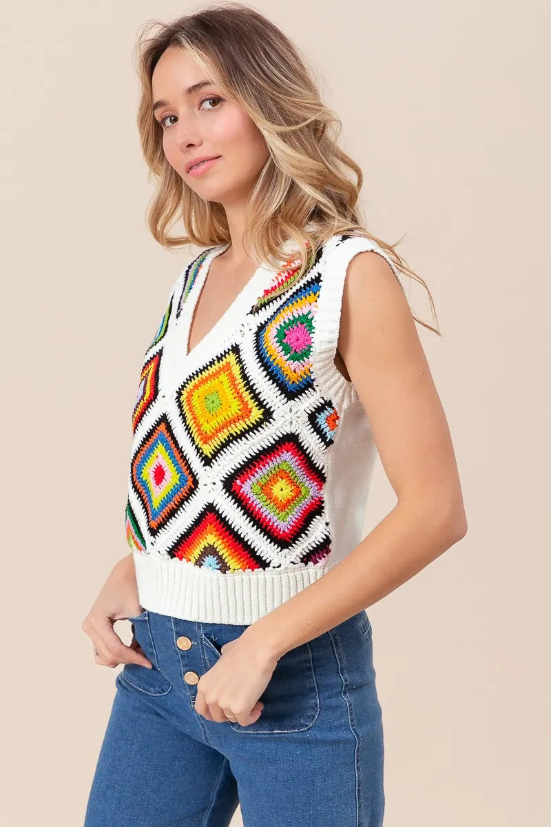 BiBi Diamond Granny Square Sweater Vest - Tigbul's Variety Fashion Shop