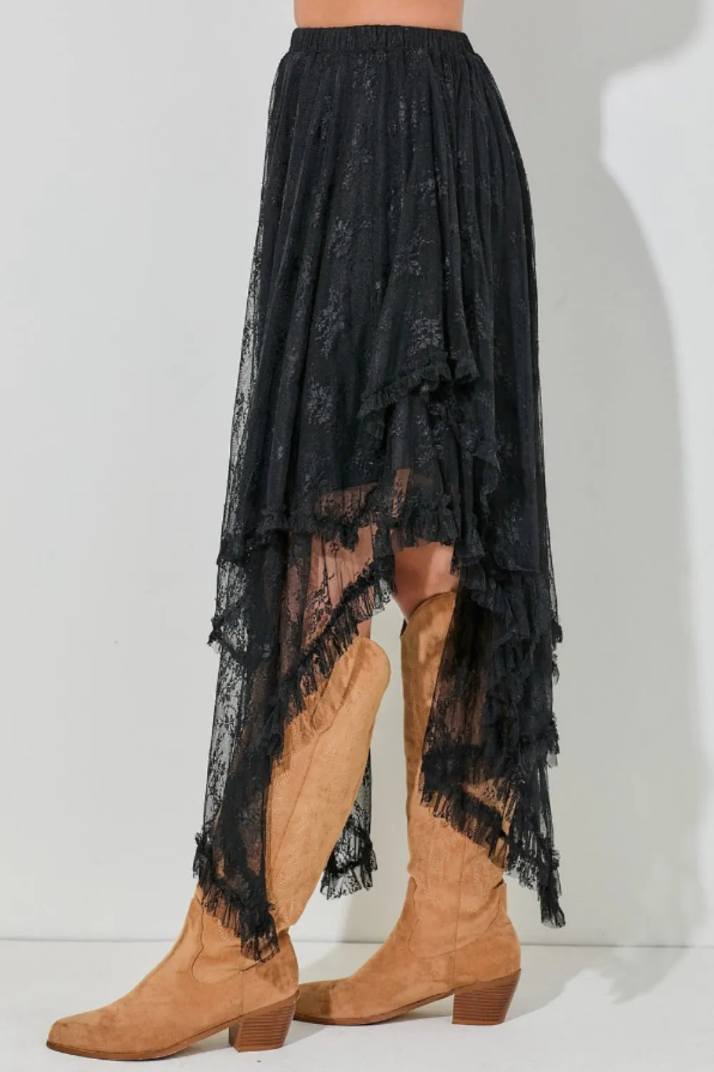 Elastic Waist Asymmetrical Lace Skirt - Tigbul's Variety Fashion Shop