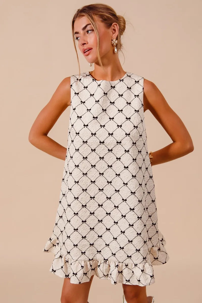 SO ME Texture Bow Printed Mini Ruffle Dress - Tigbul's Variety Fashion Shop