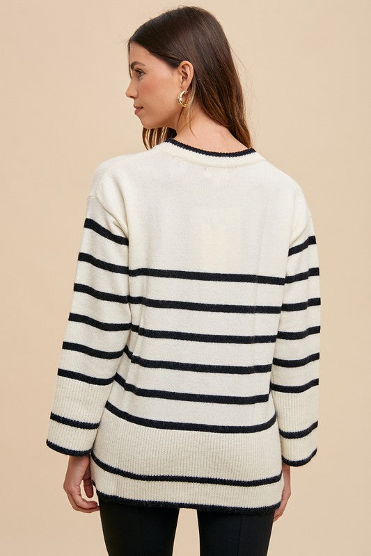 Ivory Side Slit Striped Round Neck Sweater - Tigbul's Variety Fashion Shop