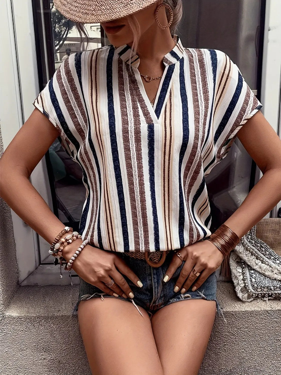 Striped Notched Short Sleeve Shirt - Tigbul's Variety Fashion Shop
