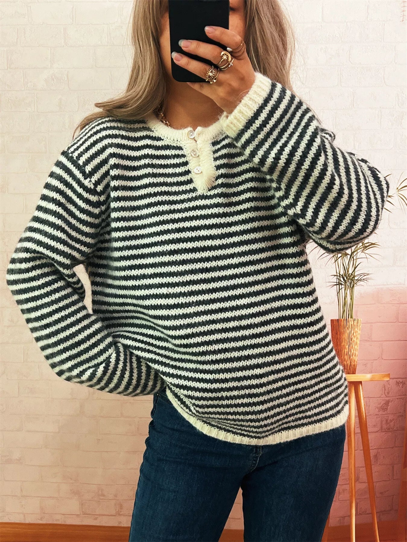 Striped Button Detail Long Sleeve Sweater - Tigbul's Variety Fashion Shop