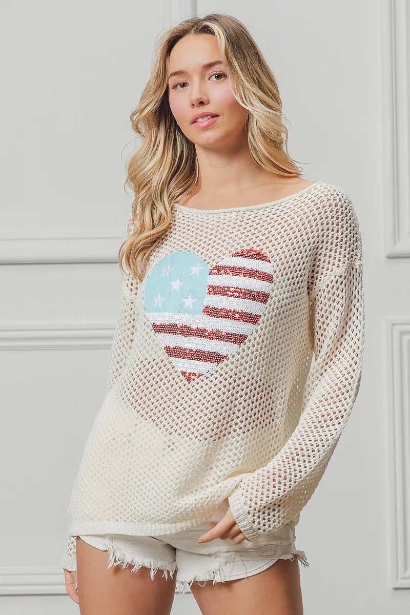 Off White Sequin American Flag Heart Knit Top - Tigbul's Variety Fashion Shop