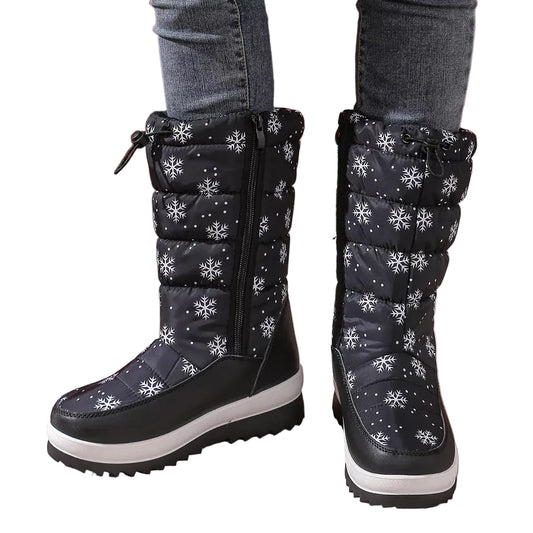 Snowflake Pattern Platform Black Winter Boots Drawstring | Tigbuls Variety