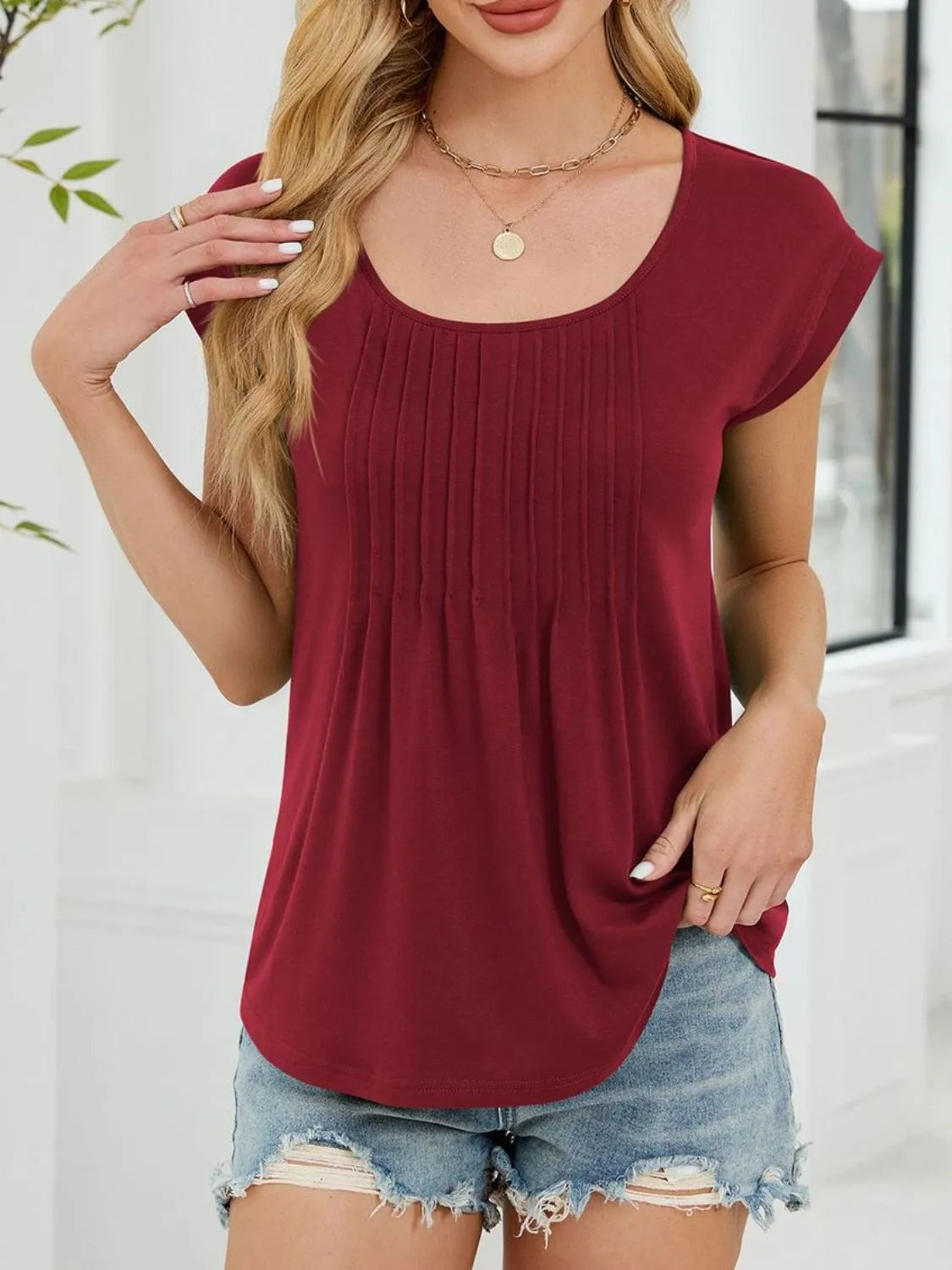 Pleated Front Scoop Neck T-Shirt - Tigbul's Variety Fashion Shop