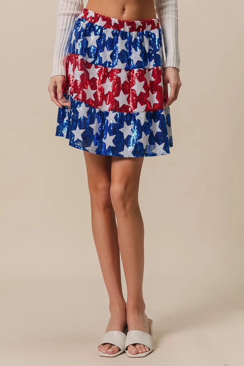 American Flag Theme Star Sequin Tiered Skirt - Tigbul's Variety Fashion Shop