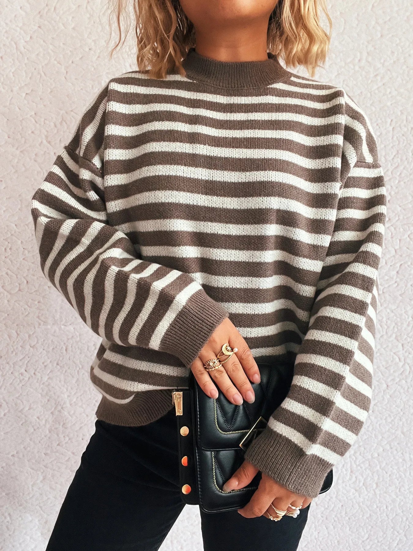 Striped Mock Neck Long Sleeve Sweater - Tigbul's Variety Fashion Shop