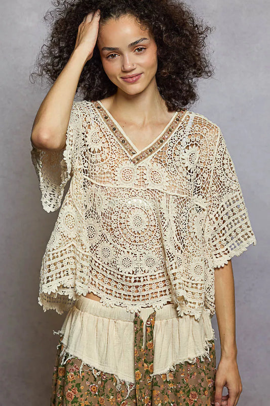 POL V-Neck Crochet Top with Scalloped Hem - Tigbul's Variety Fashion Shop