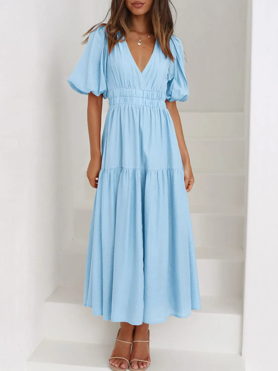 V-Neck Puff Sleeve Midi Dress - Tigbul's Variety Fashion Shop