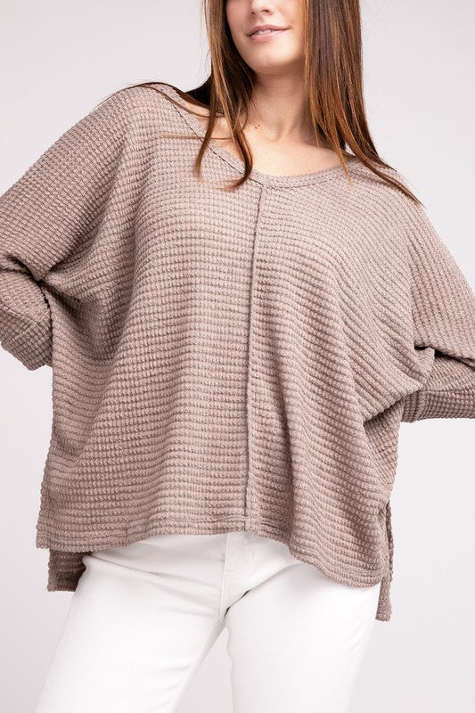 3/4 Sleeve V-Neck Hi-Low Hem Jacquard Sweater - Tigbul's Variety Fashion Shop