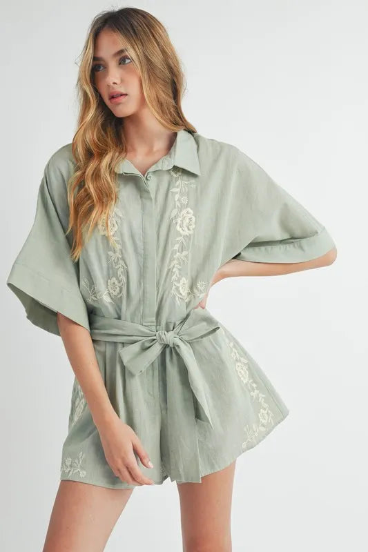 Embroidered Button Down Collared Neck Romper - Tigbul's Variety Fashion Shop