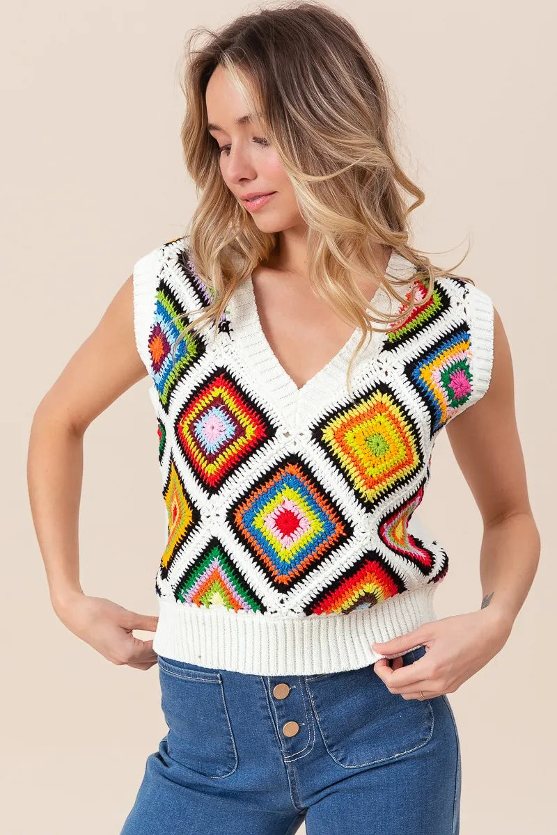 BiBi Diamond Granny Square Sweater Vest - Tigbul's Variety Fashion Shop