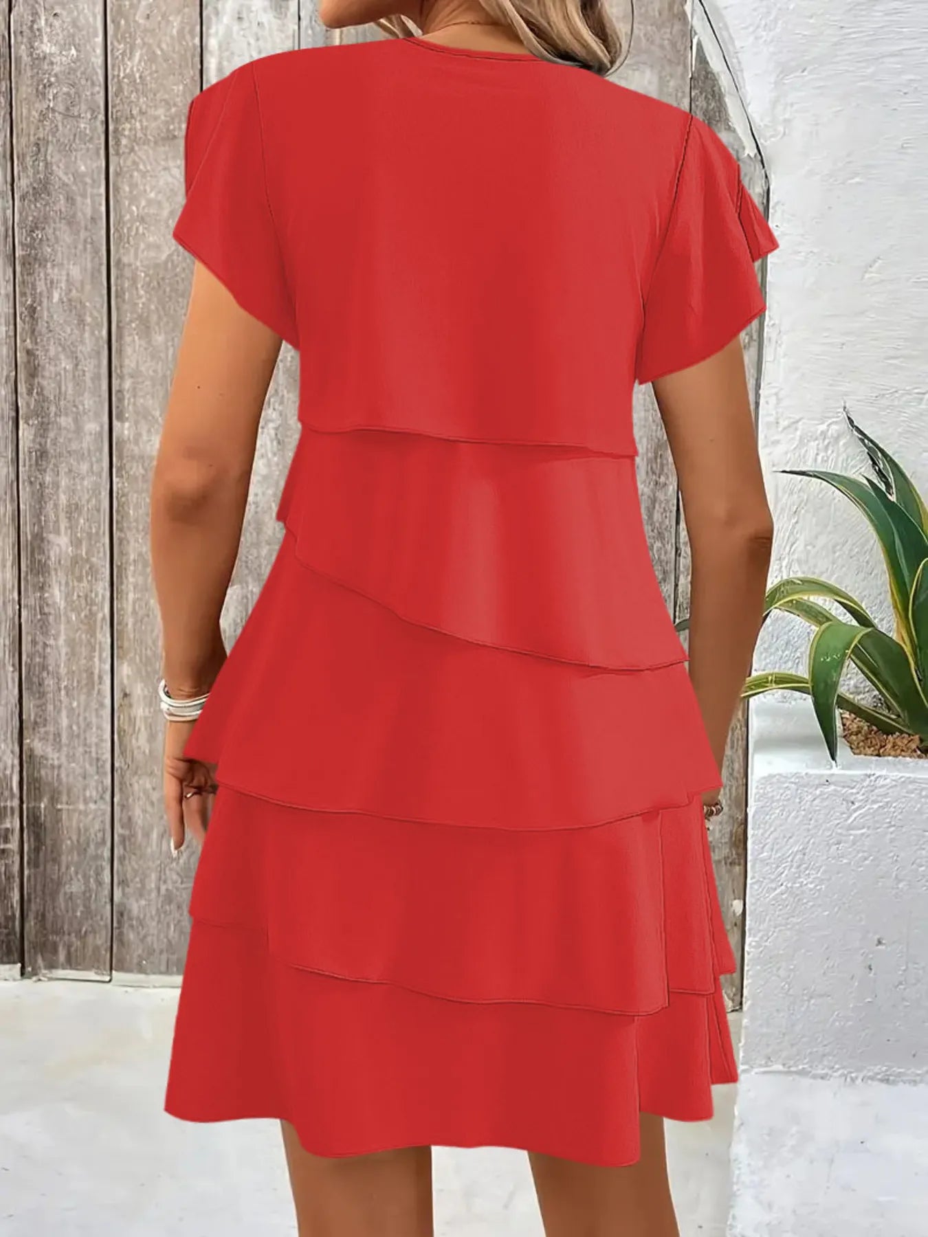 Casual Layered Round Neck Ruffled Sleeve Dress - Tigbul's Variety Fashion Shop