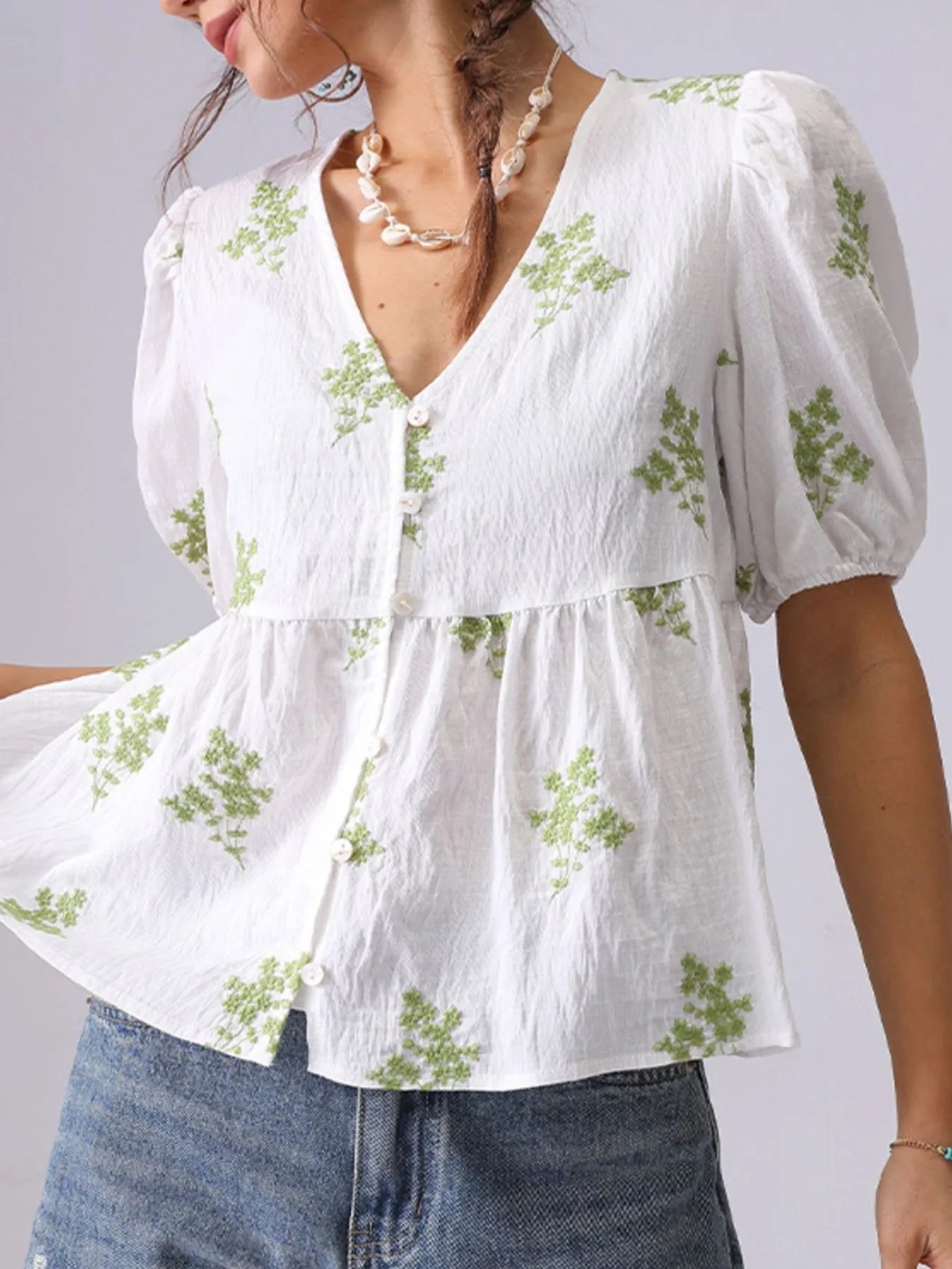 Embroidered V-Neck Puff Sleeve Peplum Blouse - Tigbul's Variety Fashion Shop