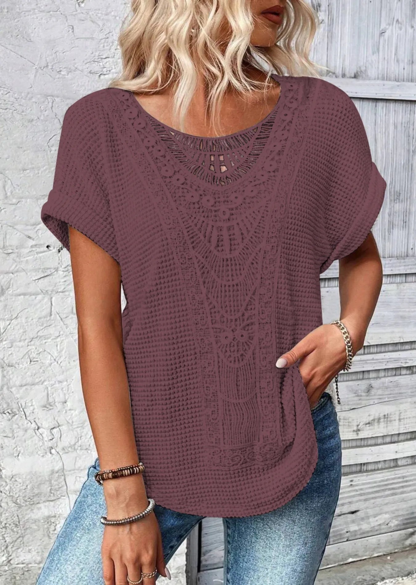 Crochet Lace Short Sleeve Casual T-Shirt - Tigbul's Variety Fashion Shop