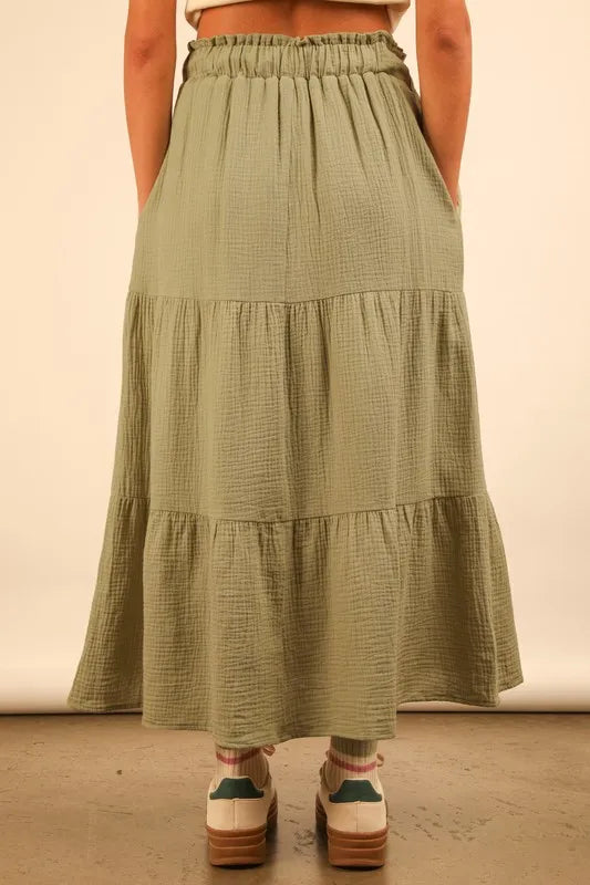 Green Elastic Waist Tiered Maxi Skirt - Tigbul's Variety Fashion Shop