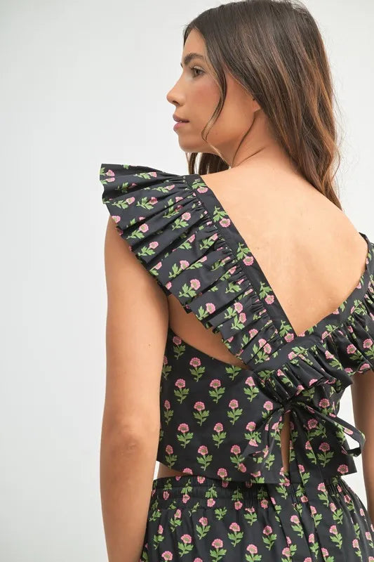 Black Floral Print Ruffle Top and Pants Set - Tigbul's Variety Fashion Shop