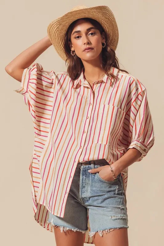 Pink Multicolored Stripe Button Down Shirt - Tigbul's Variety Fashion Shop