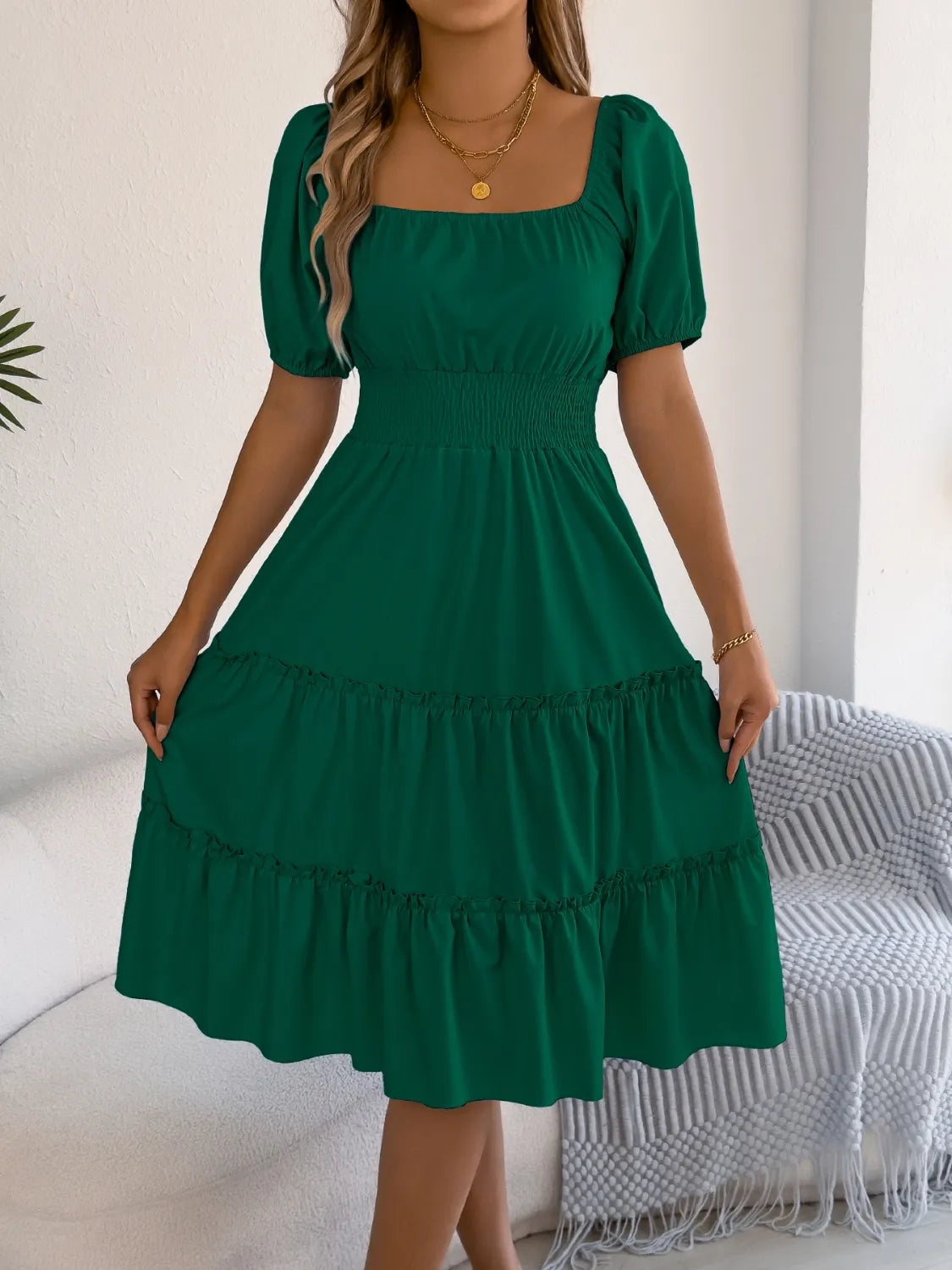 Square Neck Short Puff Sleeve Dress - Tigbul's Variety Fashion Shop