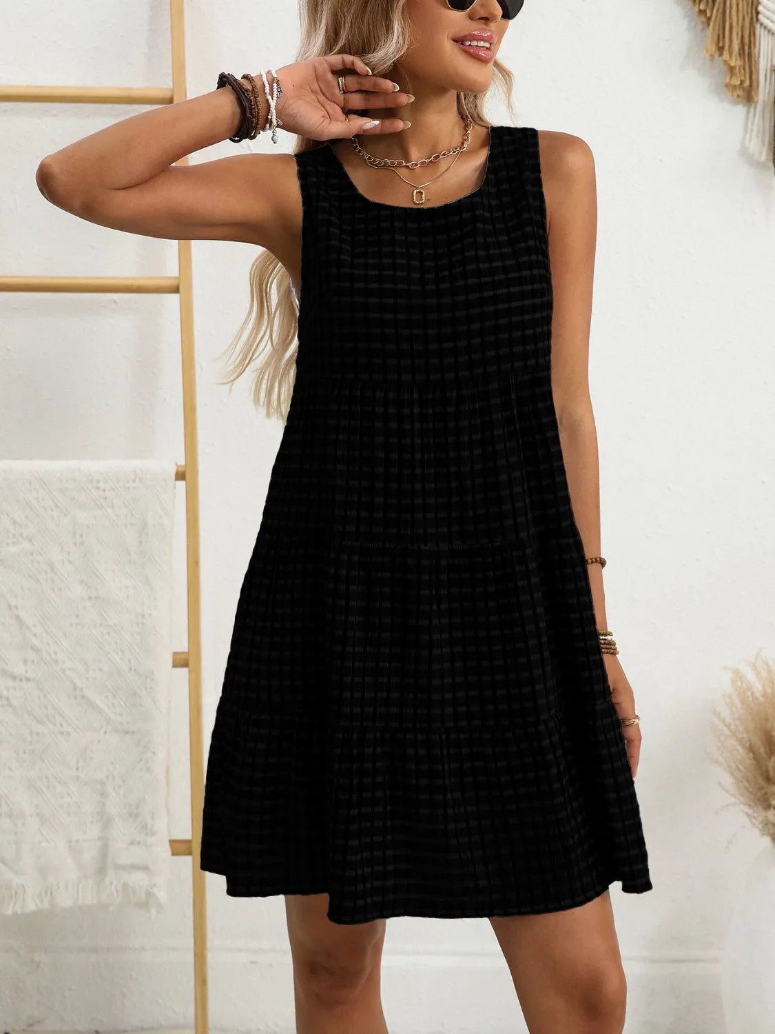 Plaid Round Neck Sleeveless Mini Dress - Tigbul's Variety Fashion Shop