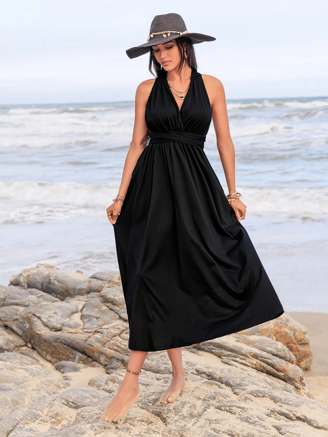 Surplice Sleeveless Ruched Black Midi Dress - Tigbul's Variety Fashion Shop