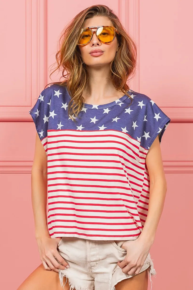 Star Rpinted with Stripe Combo Top - Tigbul's Variety Fashion Shop
