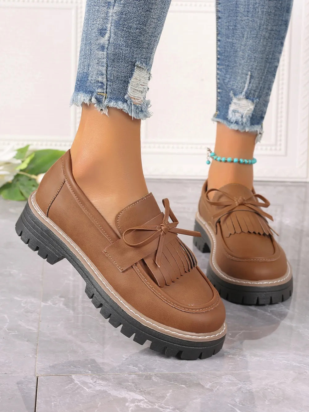 PU Leather Bow Platform Loafers - Tigbul's Variety Fashion Shop