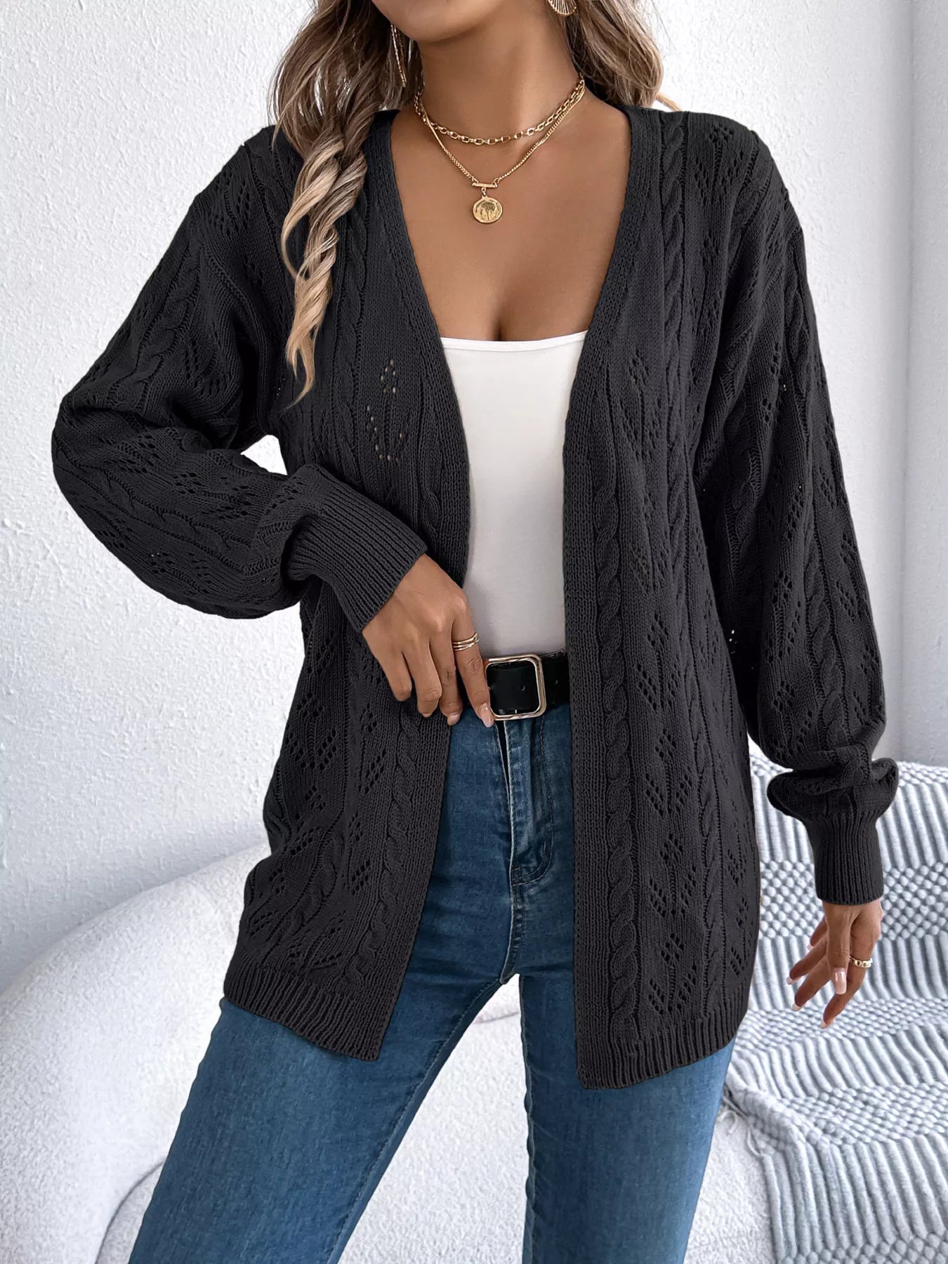 Openwork Open Front Long Sleeve Cardigan - Tigbul's Variety Fashion Shop