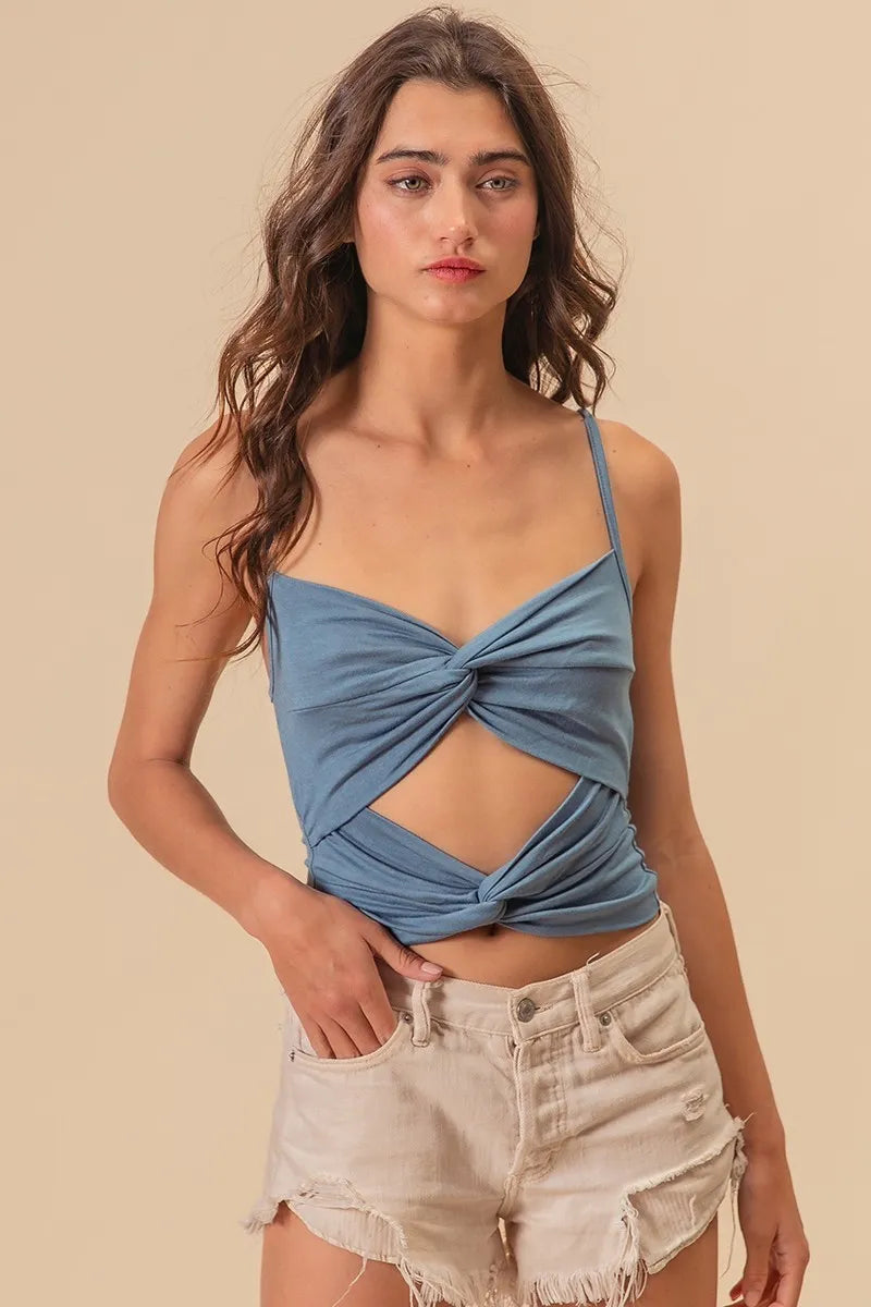 Blue Rayon Span Jersey Knit Double Twist Front Cami Top - Tigbul's Variety Fashion Shop
