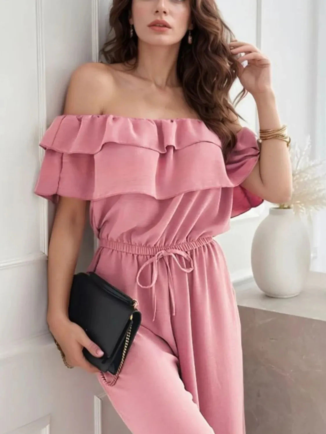 Off-Shoulder Ruffled Wide Leg Jumpsuit - Tigbul's Variety Fashion Shop
