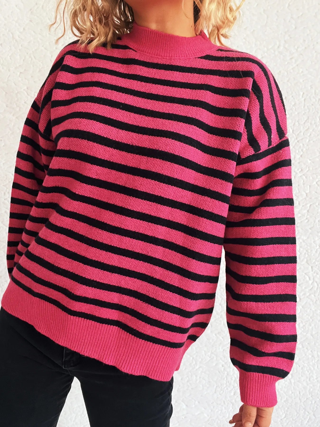 Striped Mock Neck Long Sleeve Sweater - Tigbul's Variety Fashion Shop